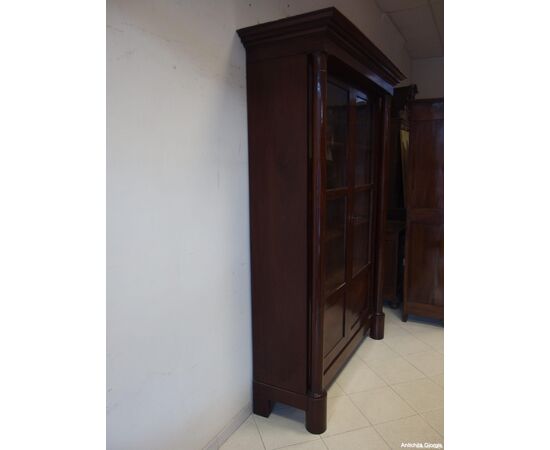 LIBRERIA A DUE PORTE IN MOGANO CON COLONNE PIENE STILE IMPERO EPOCA PRIMI 800 cm L148xP45xH228