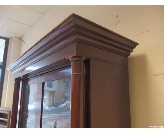 LIBRERIA A DUE PORTE IN MOGANO CON COLONNE PIENE STILE IMPERO EPOCA PRIMI 800 cm L148xP45xH228