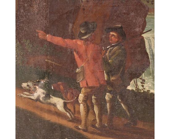 Antico dipinto italiano raffigurante paesaggio con cacciatori del XVIII secolo