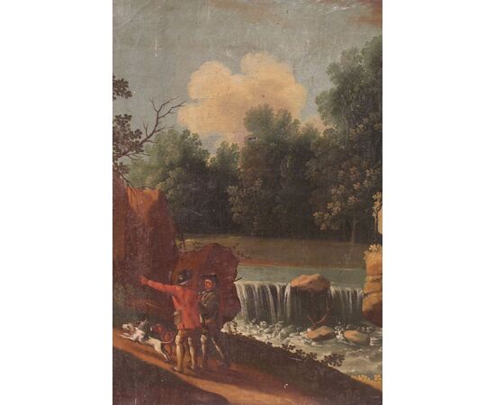 Ancient Italian painting of landscape with the eighteenth-century hunting