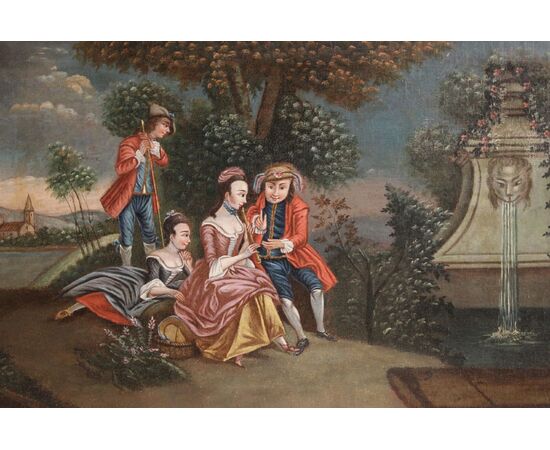 Dipinto veneziano paesaggio romantico con figure del XIX secolo