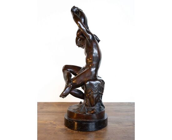 Scultura in bronzo di nudo maschile con bambino – Ferdinando De Luca, Napoli, fine XIX secolo