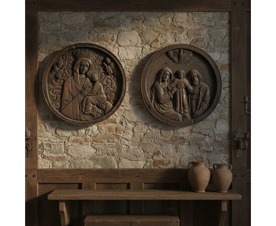 
Coppia di tondi in bassorilievo ligneo con scene sacre, Toscana, XVII secolo