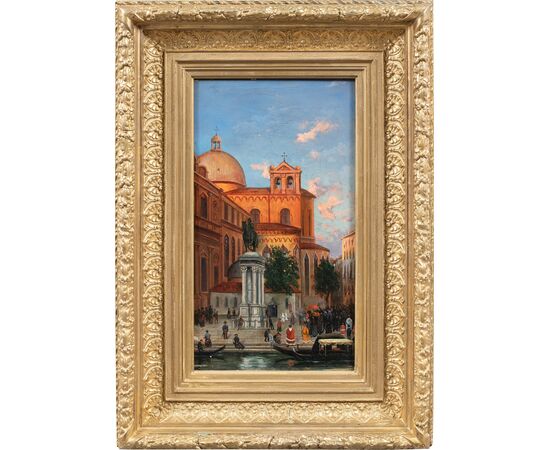 Pittore veneziano (datato 1892) - Venezia, veduta del campo SS. Giovanni e Paolo con la statua del Colleoni.