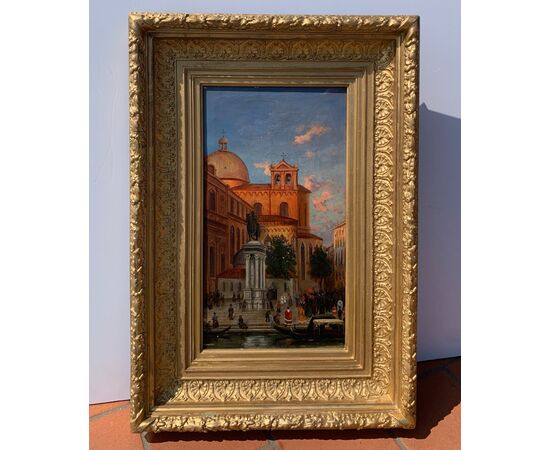 Pittore veneziano (datato 1892) - Venezia, veduta del campo SS. Giovanni e Paolo con la statua del Colleoni.