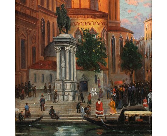Pittore veneziano (datato 1892) - Venezia, veduta del campo SS. Giovanni e Paolo con la statua del Colleoni.