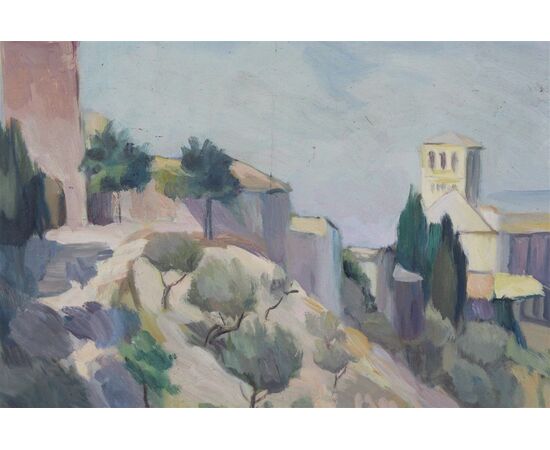 Oil on panel painting depicting the city glimpse of Assisi and the Basilica of St. Francis signed Mario M.