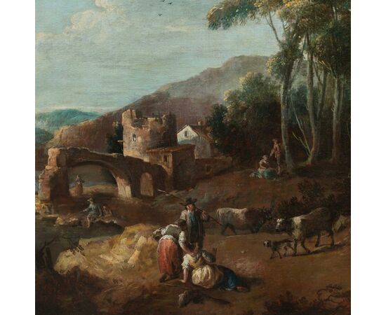 Giuseppe Zais (Forno di Canale 1709 - Treviso 1784) - Landscape with shepherds and ruined bridge.