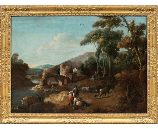 Giuseppe Zais (Forno di Canale 1709 - Treviso 1784) - Landscape with shepherds and ruined bridge.