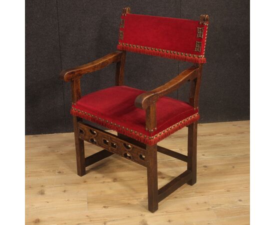 Antique Italian walnut armchair with red fabric from 19th century