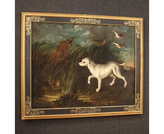 Antique painting from 18th century landscape with dog
