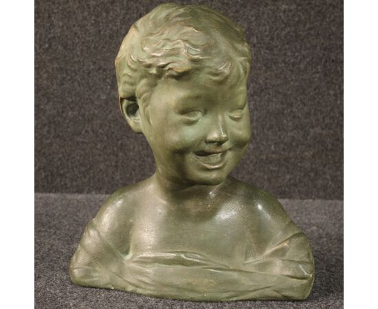 Scultura in terracotta dipinta tinta bronzo busto di bambino