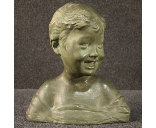 Scultura in terracotta dipinta tinta bronzo busto di bambino