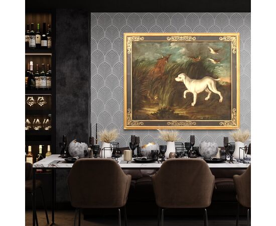 Antique painting from 18th century landscape with dog