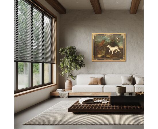 Antique painting from 18th century landscape with dog