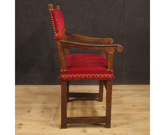 Antique Italian walnut armchair with red fabric from 19th century