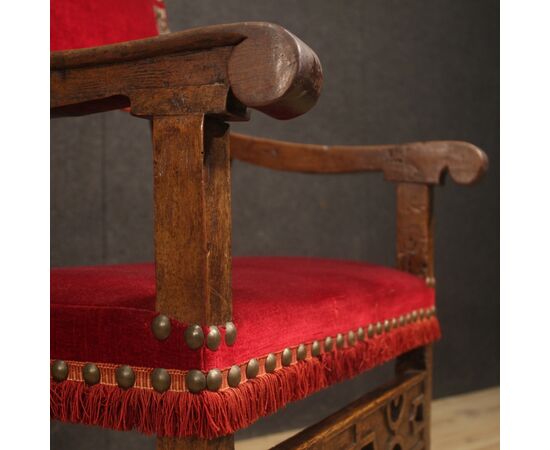 Antique Italian walnut armchair with red fabric from 19th century