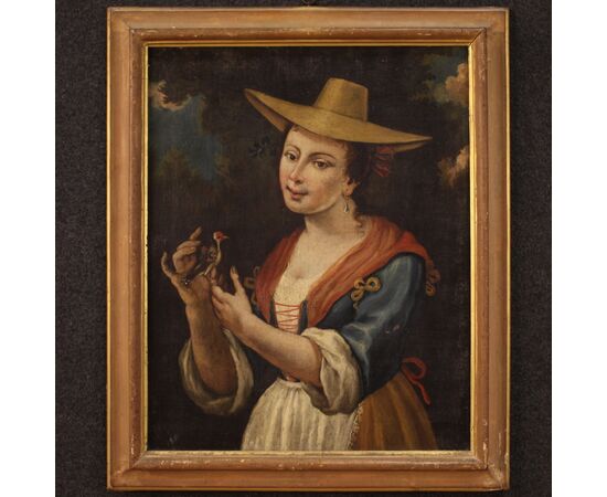 Italian framework portrait of a girl with a goldfinch from 18th century