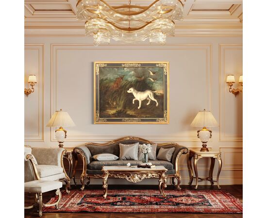 Antique painting from 18th century landscape with dog