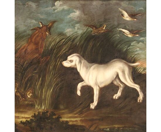 Antique painting from 18th century landscape with dog