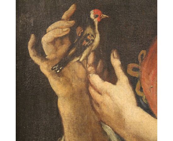 Italian framework portrait of a girl with a goldfinch from 18th century