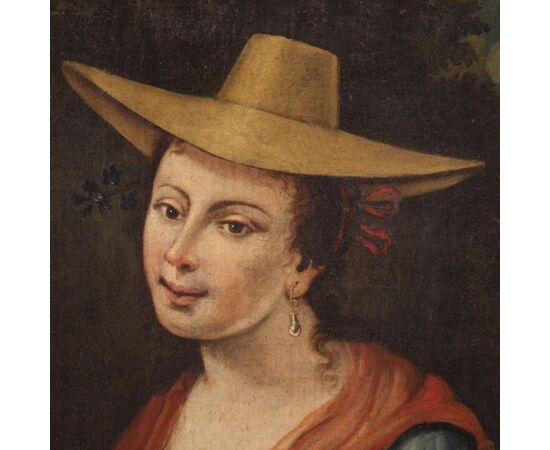 Italian framework portrait of a girl with a goldfinch from 18th century
