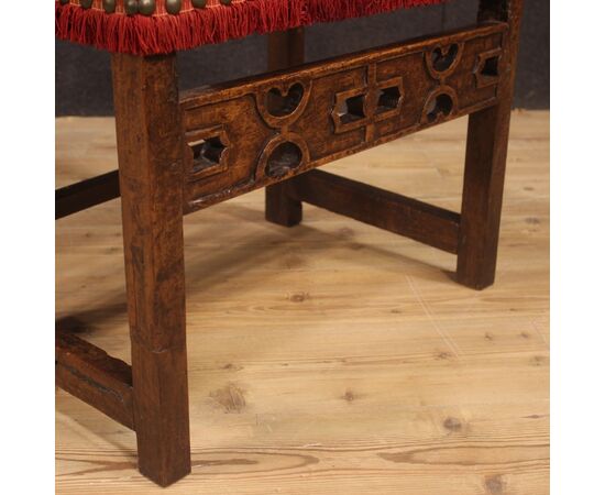 Antique Italian walnut armchair with red fabric from 19th century