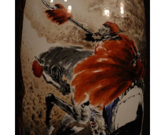 Chinese painted ceramic vase with warrior on horseback