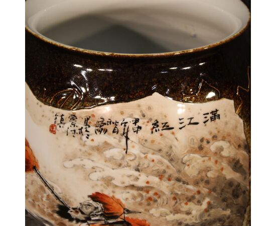 Chinese painted ceramic vase with warrior on horseback