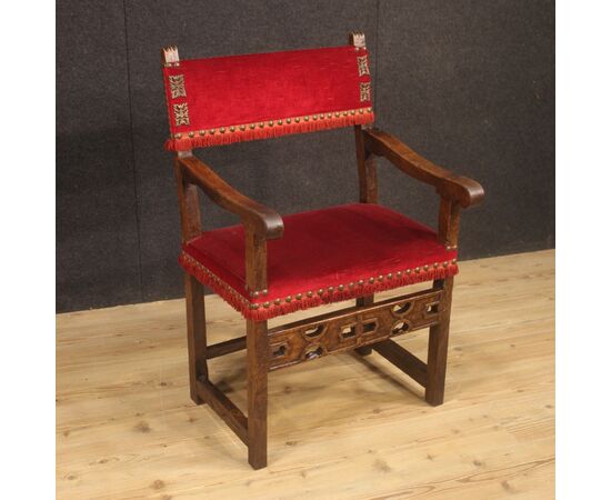 Antique Italian walnut armchair with red fabric from 19th century
