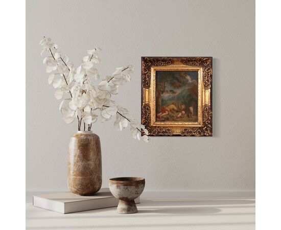 Flemish painting bucolic landscape from the 18th century