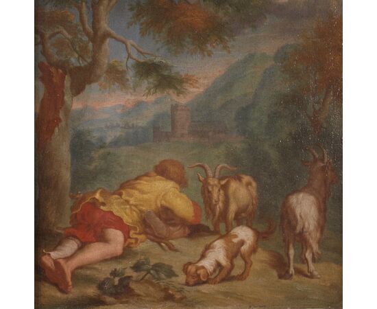 Flemish painting bucolic landscape from the 18th century