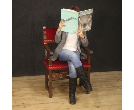 Antique Italian walnut armchair with red fabric from 19th century