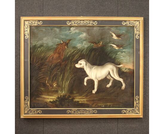 Antique painting from 18th century landscape with dog