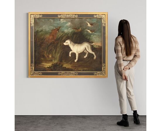 Antique painting from 18th century landscape with dog