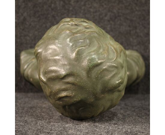 Scultura in terracotta dipinta tinta bronzo busto di bambino