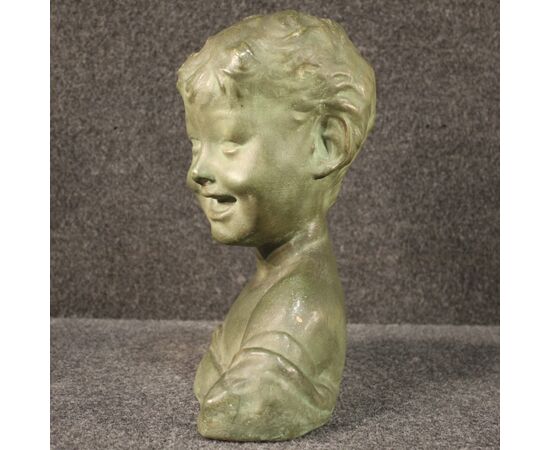 Scultura in terracotta dipinta tinta bronzo busto di bambino