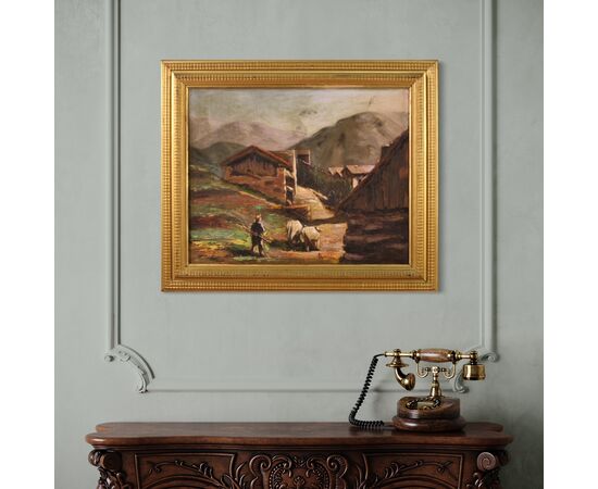 Dipinto firmato paesaggio con pastore del XX secolo