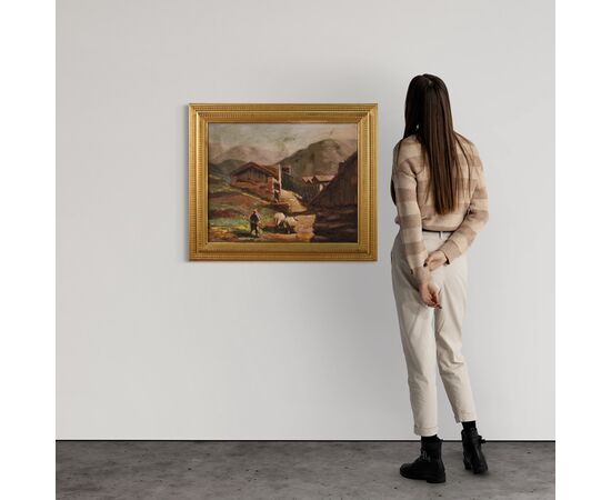 Dipinto firmato paesaggio con pastore del XX secolo