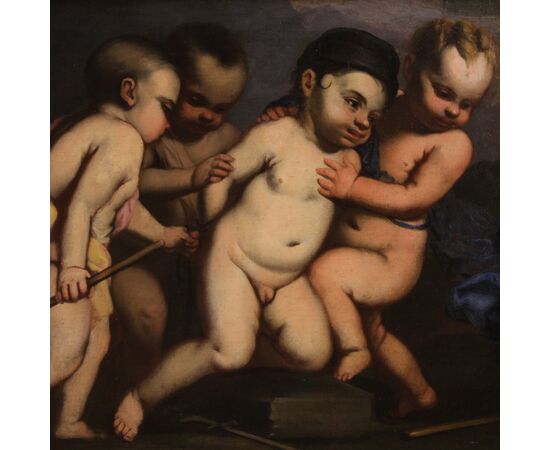 Italian antique painting cherub games from the 17th century