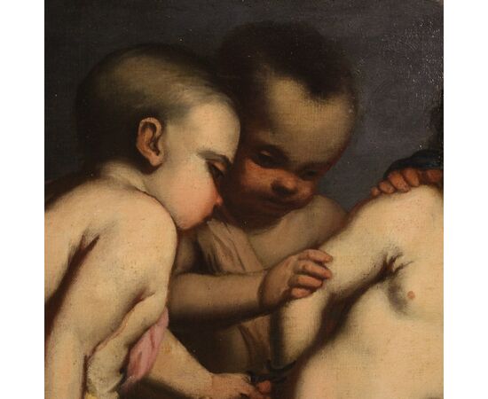 Italian antique painting cherub games from the 17th century