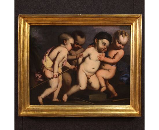 Italian antique painting cherub games from the 17th century