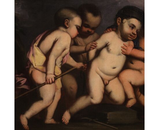 Italian antique painting cherub games from the 17th century