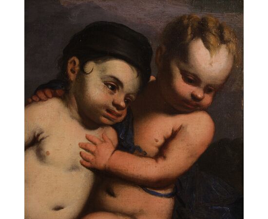 Italian antique painting cherub games from the 17th century