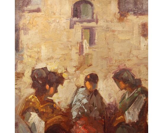 Dipinto italiano scena popolare con personaggi del XX secolo