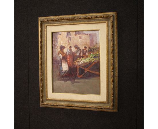 Dipinto italiano scena popolare con personaggi del XX secolo