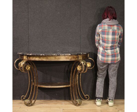 Wrought iron console with marble top from the 70s