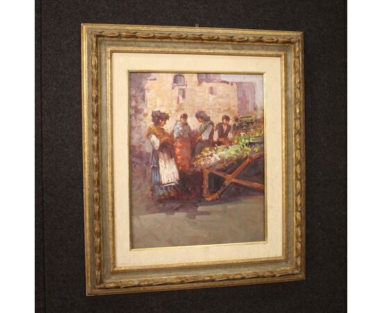 Dipinto italiano scena popolare con personaggi del XX secolo