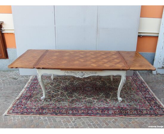 GRANDE TAVOLO A TIRO IN NOCE LACCATO STILE PROVENZALE   cm L163xP98xH76  aperto cm 253