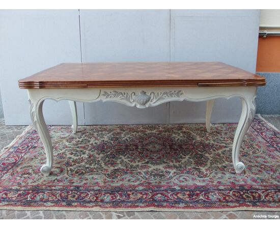 GRANDE TAVOLO A TIRO IN NOCE LACCATO STILE PROVENZALE   cm L163xP98xH76  aperto cm 253